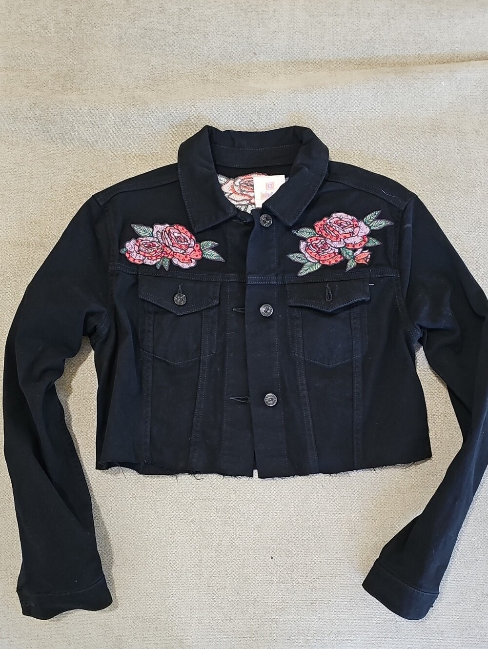 CUSTOM MADE ☆  Black Cropped Jean Jacket with Swarovski Rose Embroidery